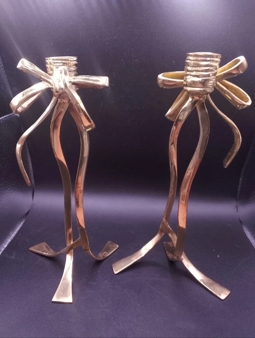 Brass colored Metal Bow Taper Candle Holders In brass Set Of Two 8.5 Inches